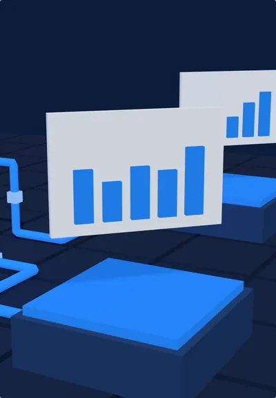 A live dashboard rising over the Operations department, its bars filling as data flows in