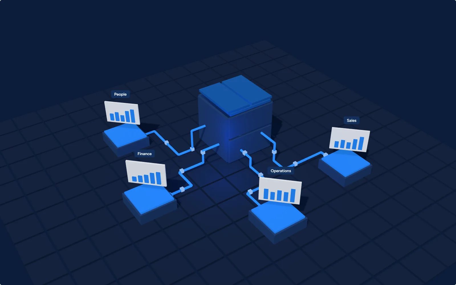 The Deploy Shop box, assembled, with circuit traces running to sales, operations, finance and people