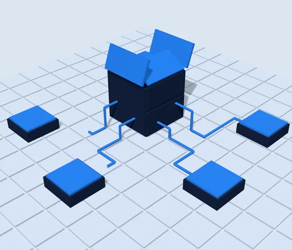 Circuit traces running from the box to Sales, Operations, Finance and People as the lid closes