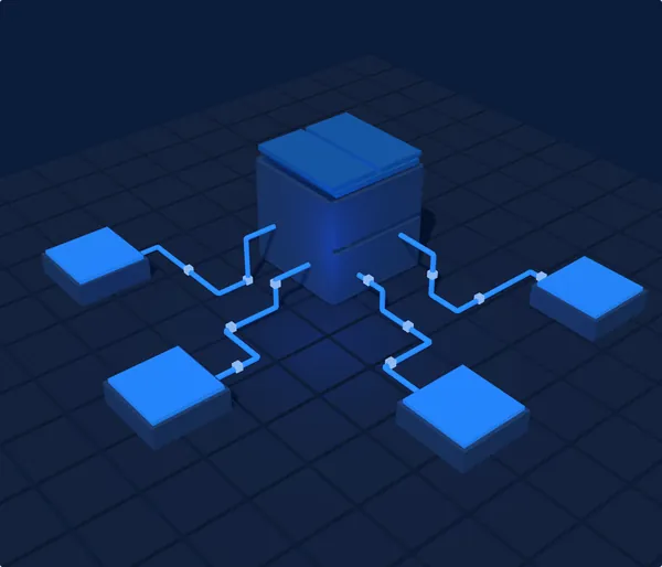 The closed box lit from inside, data pulses travelling along the traces to every department