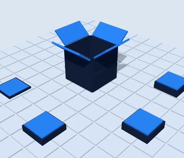 The box assembled and open on a floor of tiles, with each department rising into place around it